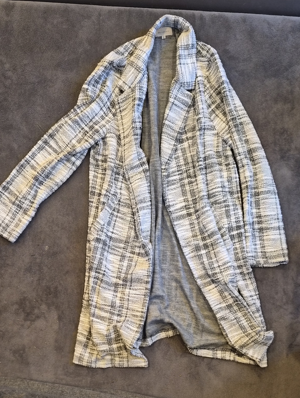 MELLODAY Plaid Open-Front Coatigan in Cream & Gray